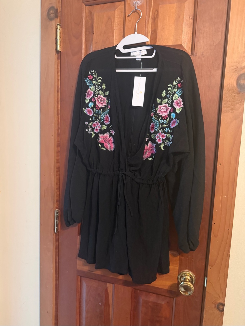 Embroidered Black V-Neck Drawstring Women's Romper